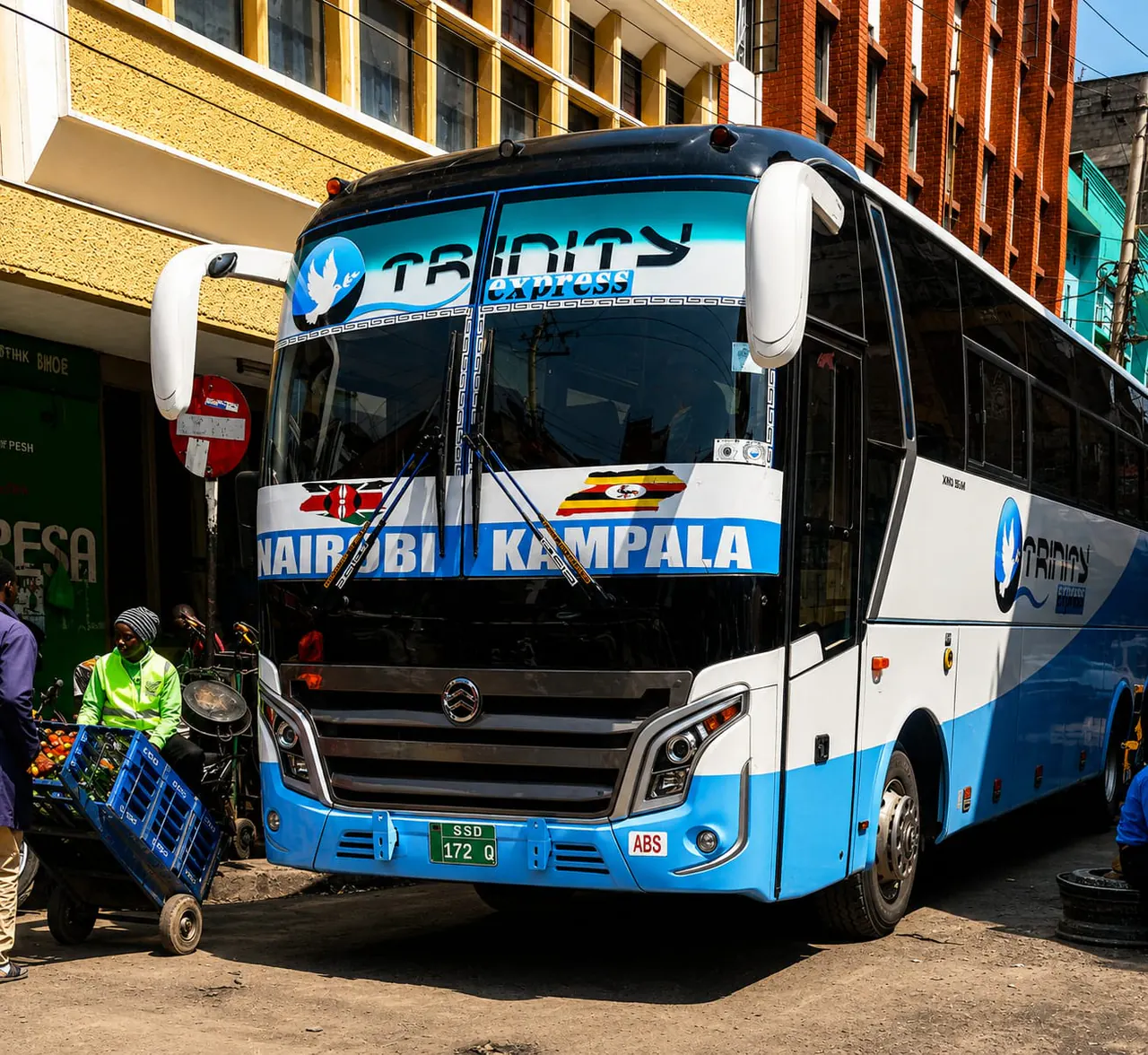 Trinity Express coach displaying Nairobi and Kampala route branding