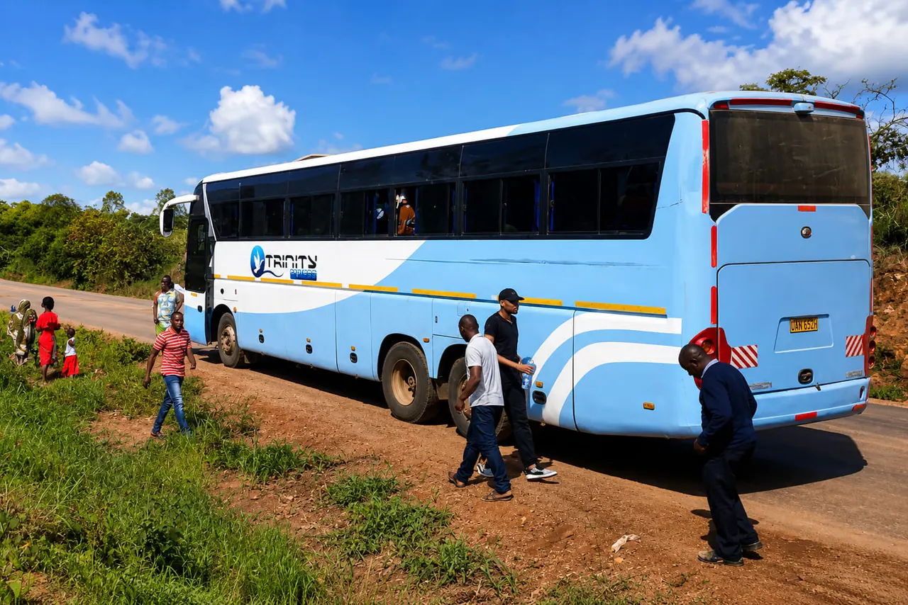 Trinity Express coach and passengers during a roadside stop