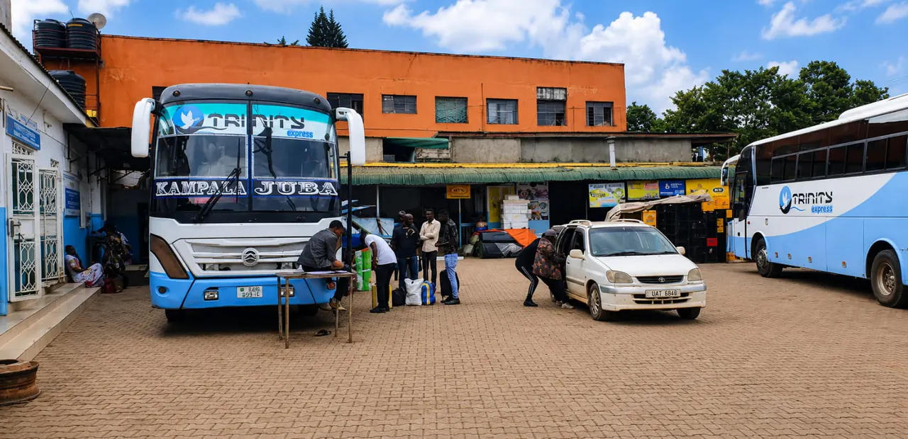 Passengers and luggage beside Trinity Express coaches at a terminal