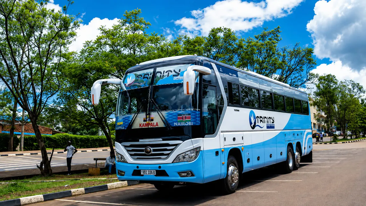 Trinity Express coach parked on a tree-lined city road