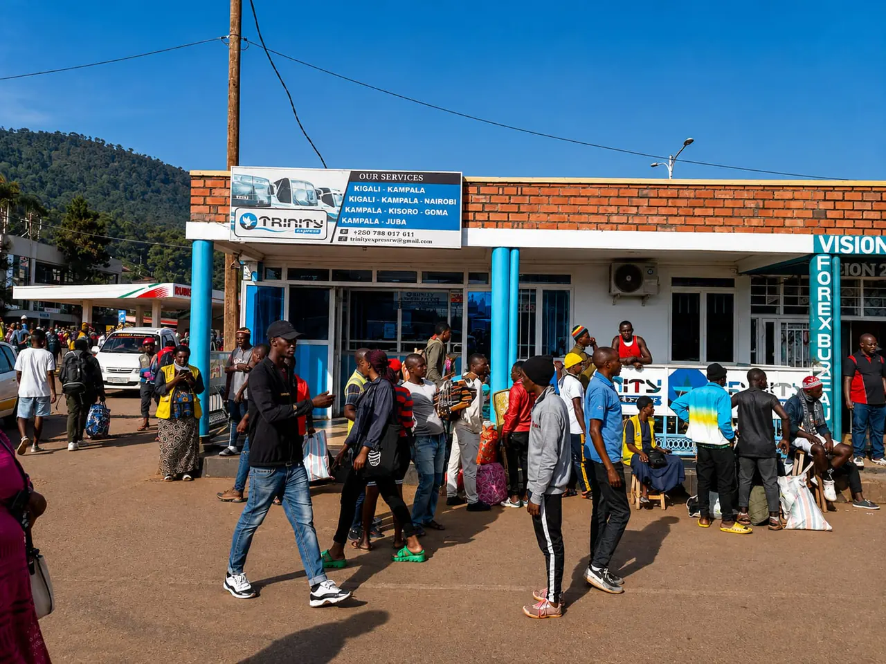 Passengers waiting outside a Trinity Express terminal office